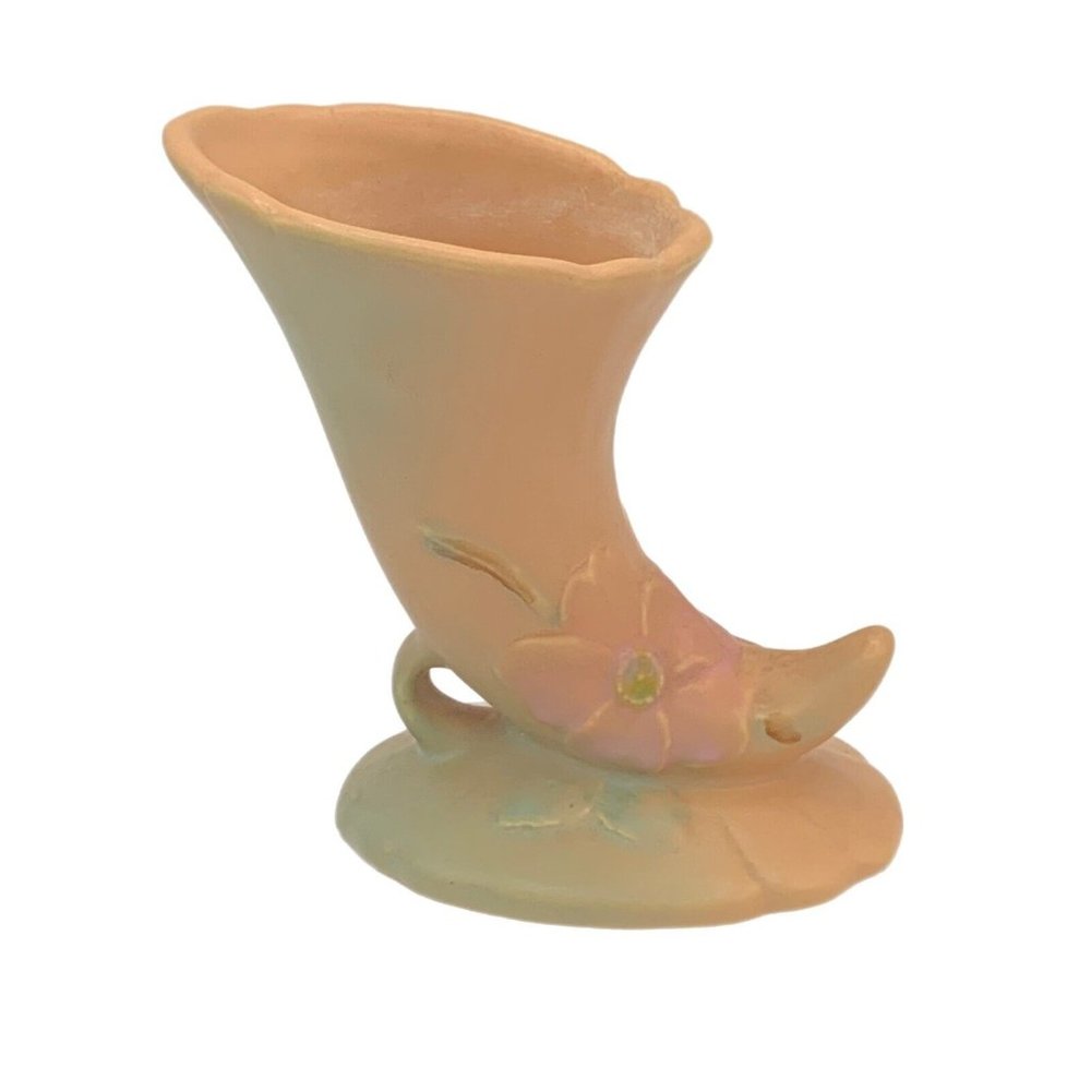 Vintage Weller Pottery Peach Rose Cornucopia Horn Vase Orange Floral Flowers